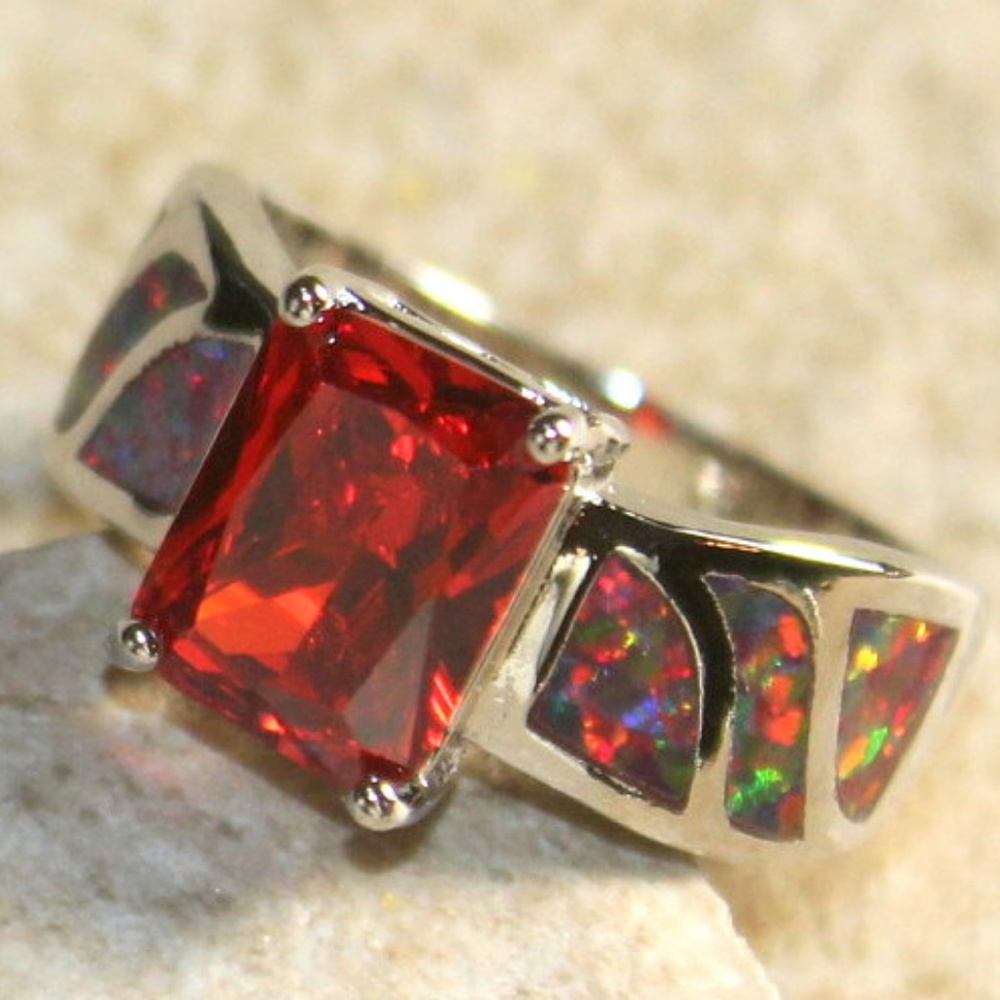 Orange Fire Opal Rectangular Silver Ring - Picture 3 of 3